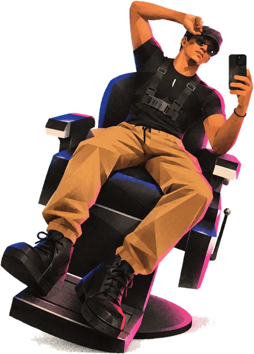 Ilustración de Ly, fundador de Visible Studio, reclinado en una silla de barbero mientras se hace una selfie con el celular